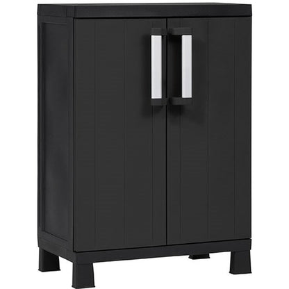 Black cabinet with two doors and silver handles on a white background