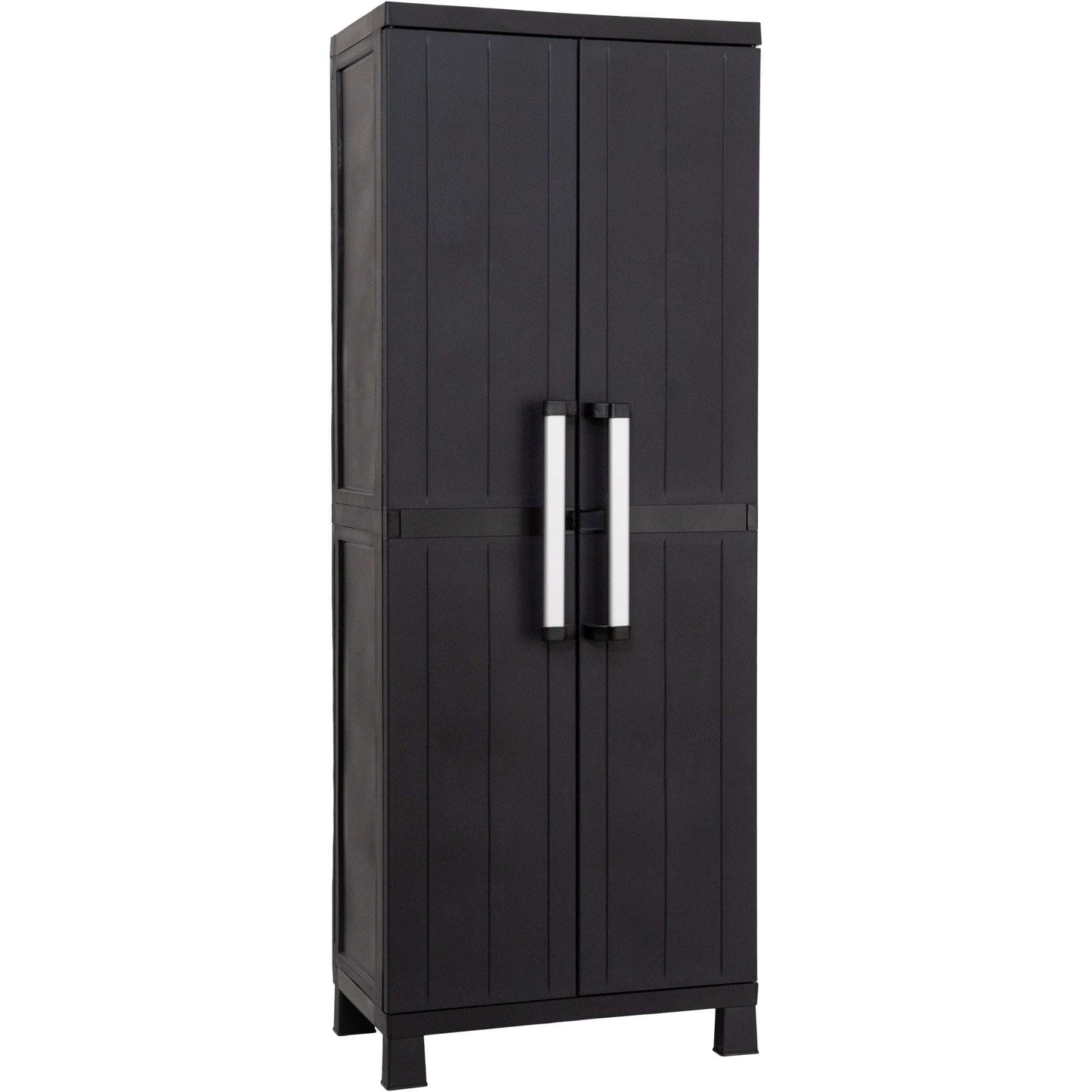 Black storage cabinet with double doors on a white background