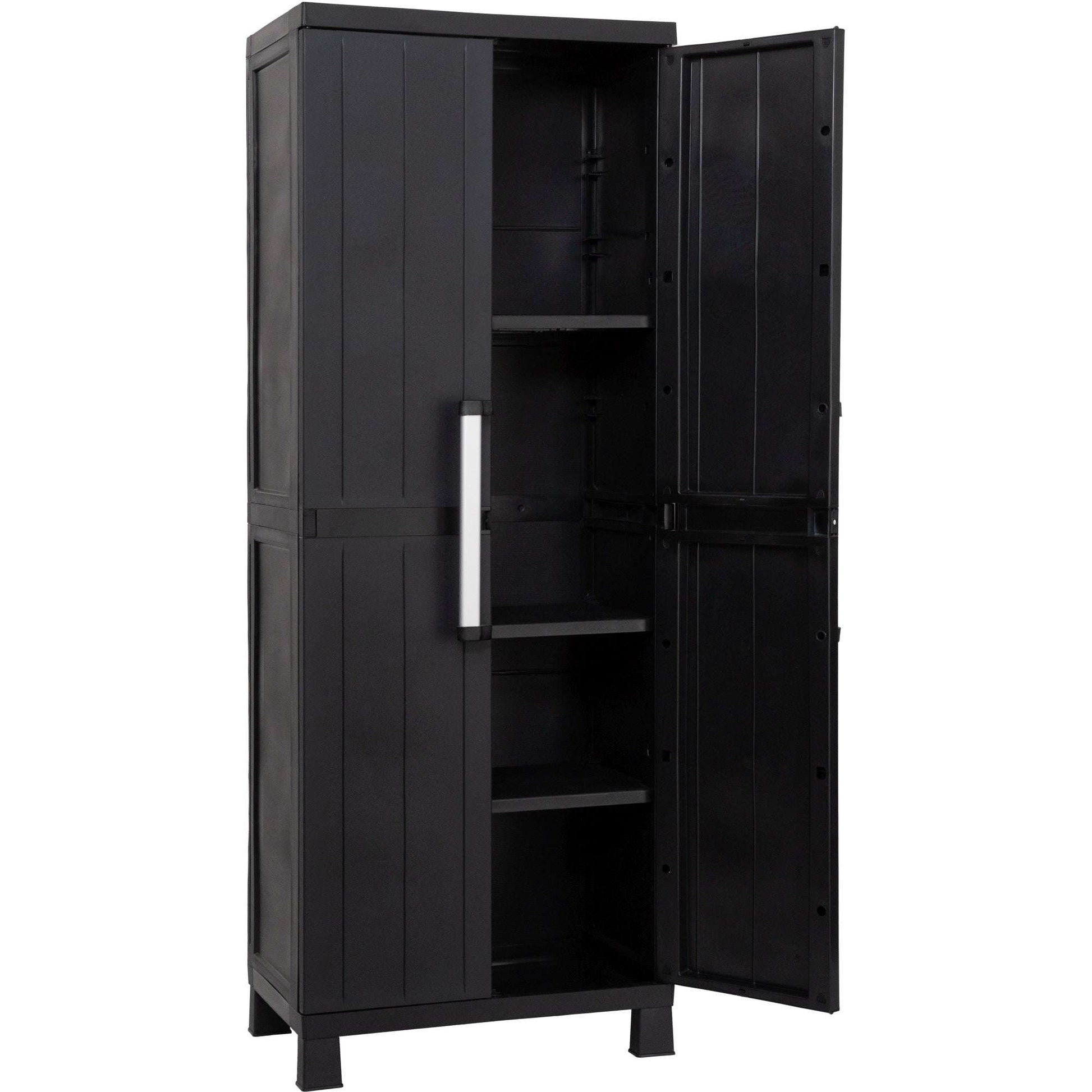 Black storage cabinet with open doors on a white background