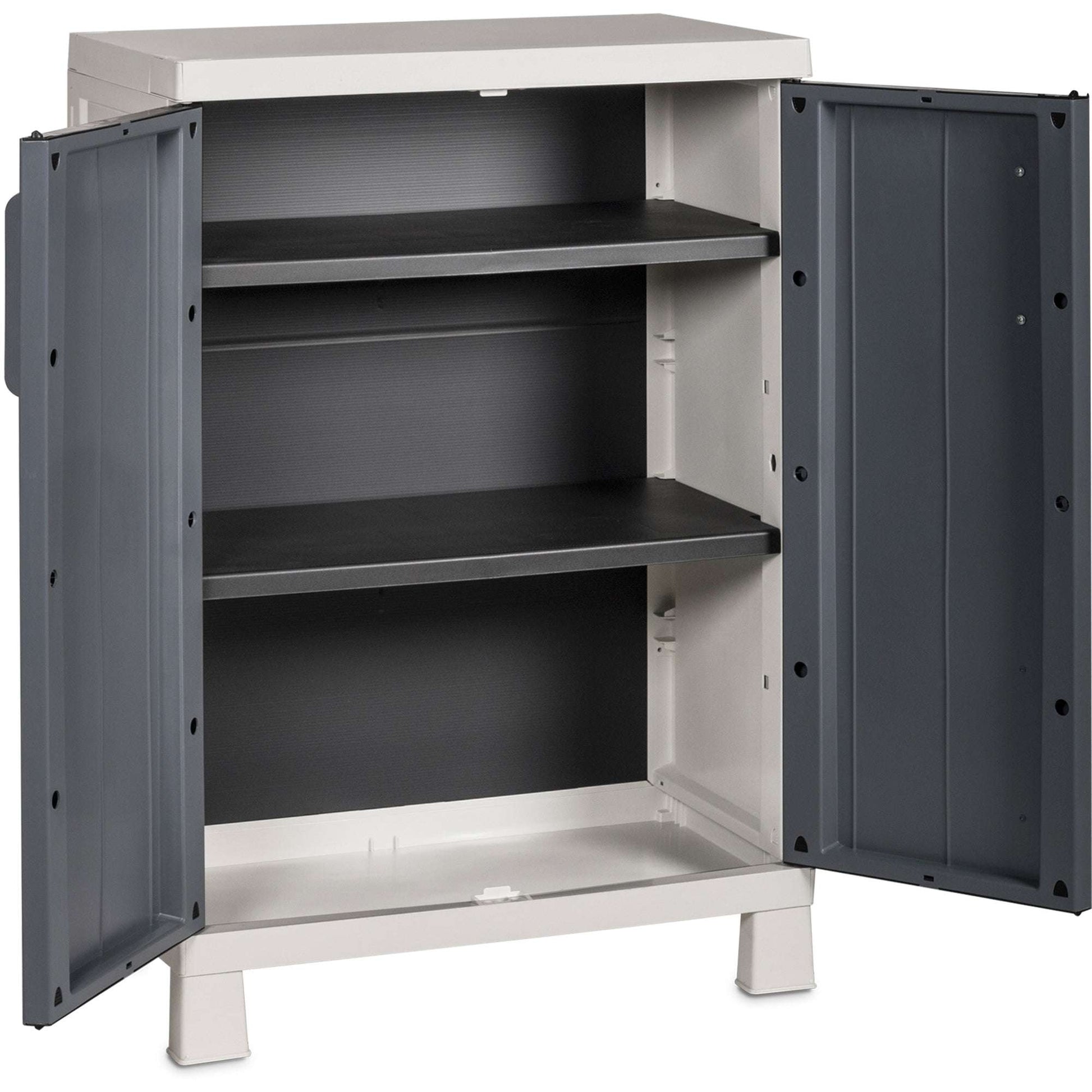 Storage cabinet with open doors on a white background