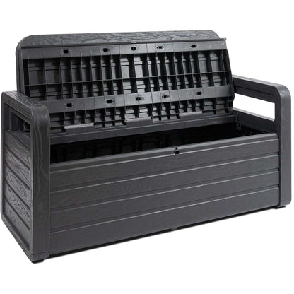 Black storage bench with open lid showing compartments on a white background