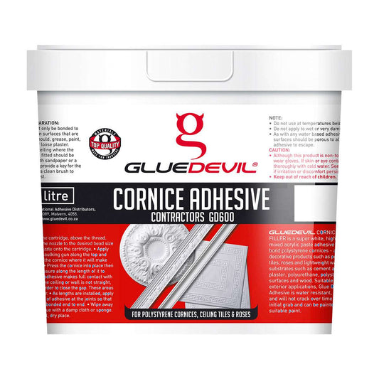 Glue Devil cornice adhesive container with red and white design on a white background