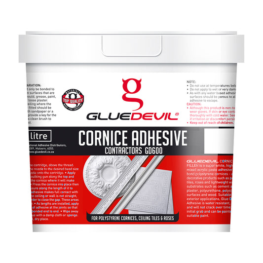 Glue Devil cornice adhesive container with red and white design on a white background