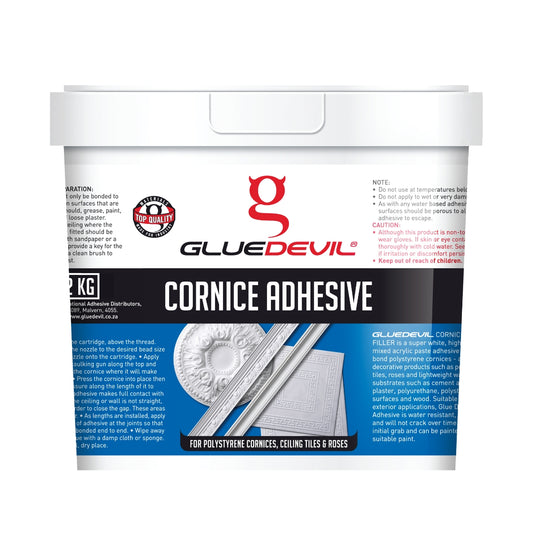 Glue Devil cornice adhesive container with branding and product details on a white background