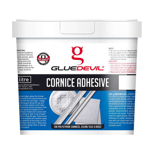 Glue Devil Cornice Adhesive container with branding and product details on a white background