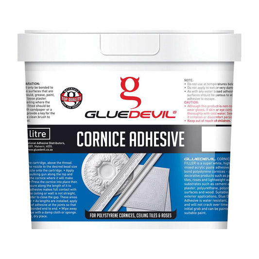 Glue Devil Cornice Adhesive container with product details on a white background