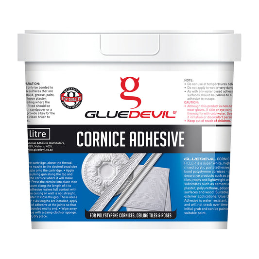 Glue Devil Cornice Adhesive container with product details on a white background