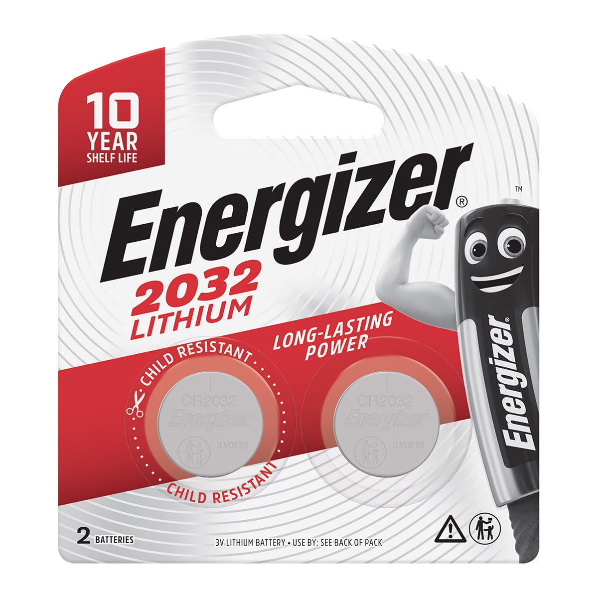 Packaging for Energizer 3V 2032 button battery showing the battery and a graphic of a cartoon character with a muscle pose. The packaging indicates a 10-year shelf life and includes 2 buttons.