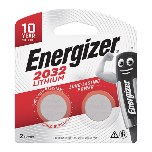 Packaging for Energizer 3V 2032 button battery showing the battery and a graphic of a cartoon character with a muscle pose. The packaging indicates a 10-year shelf life and includes 2 buttons.