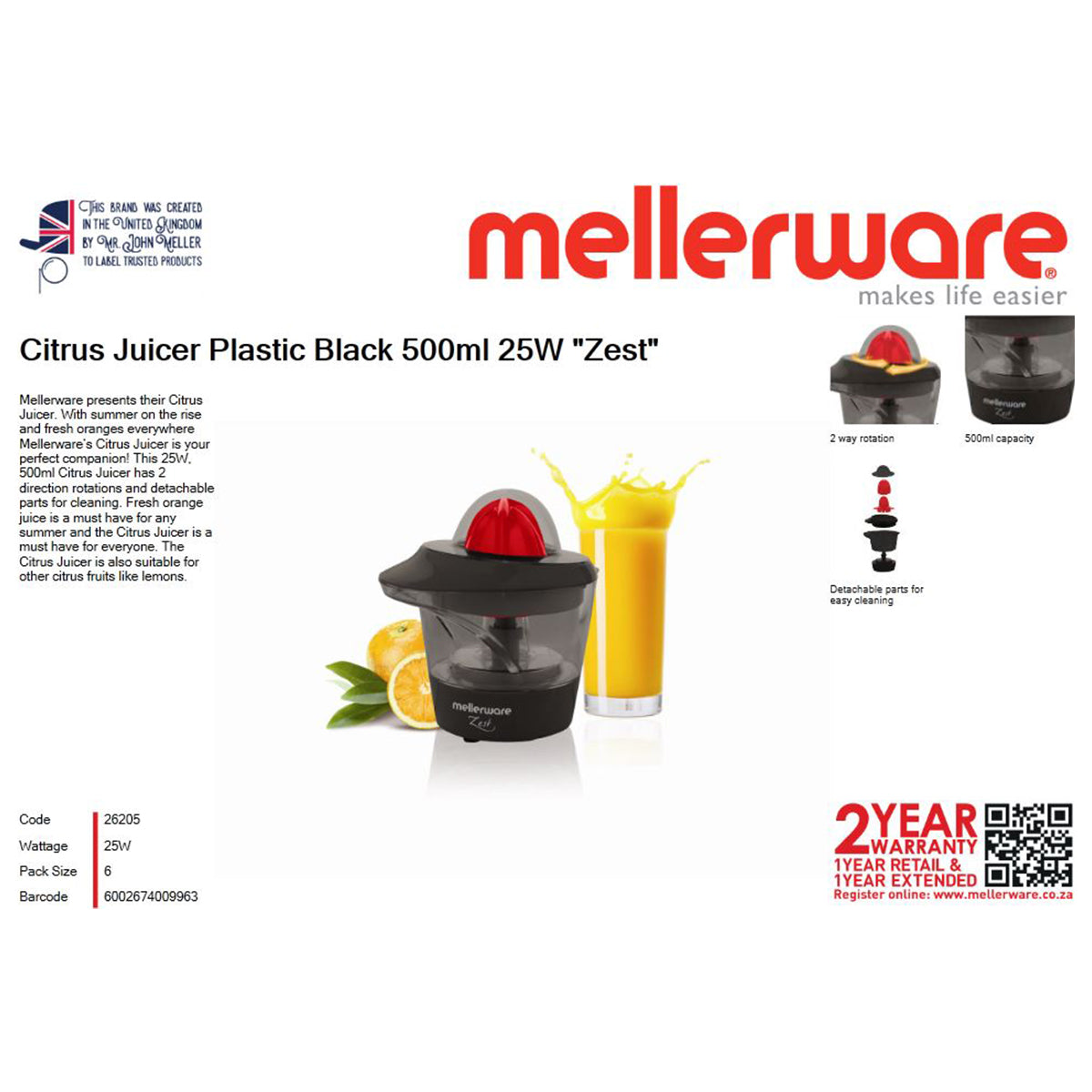 MELLERWARE CITRUS JUICER PLASTIC 500ML 25W BLACK