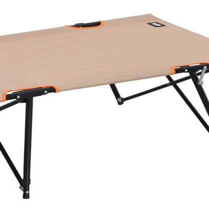 Beige camping cot with black legs and orange accents on a white background