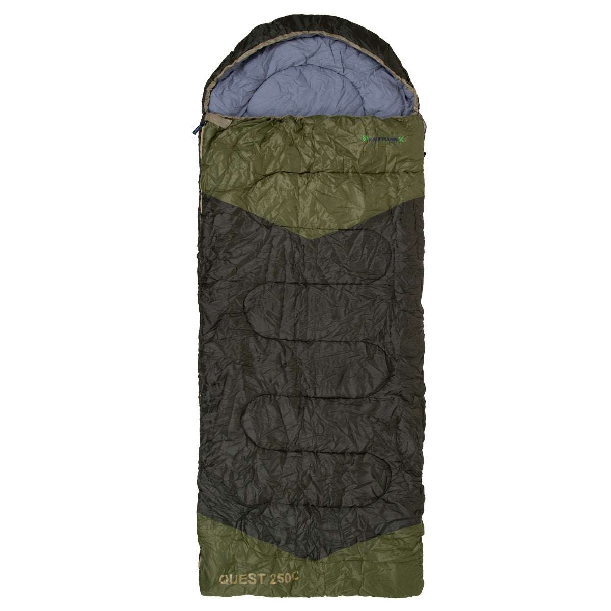 Green and black sleeping bag with 'Quest' branding on a white background