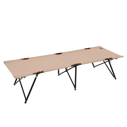 Beige camping cot with black legs and orange accents on a white background