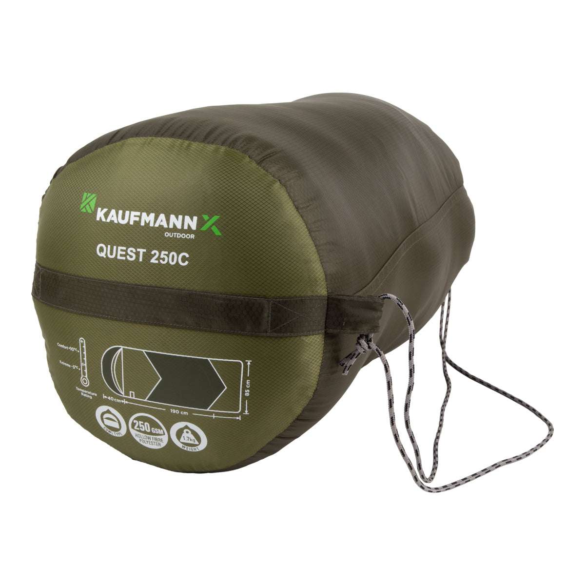 Green and brown sleeping bag with 'Kaufmann X' branding on a white background