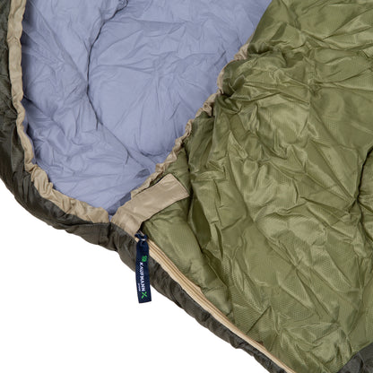 Close-up of a sleeping bag with blue and green interior, featuring branding.