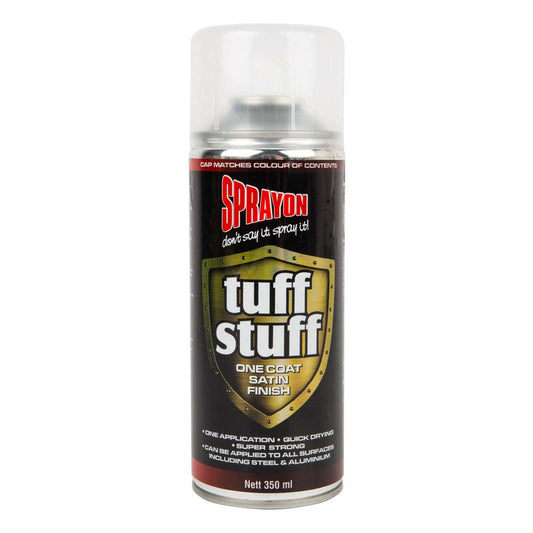 Spray can of tuff stuff spray paint on a white background