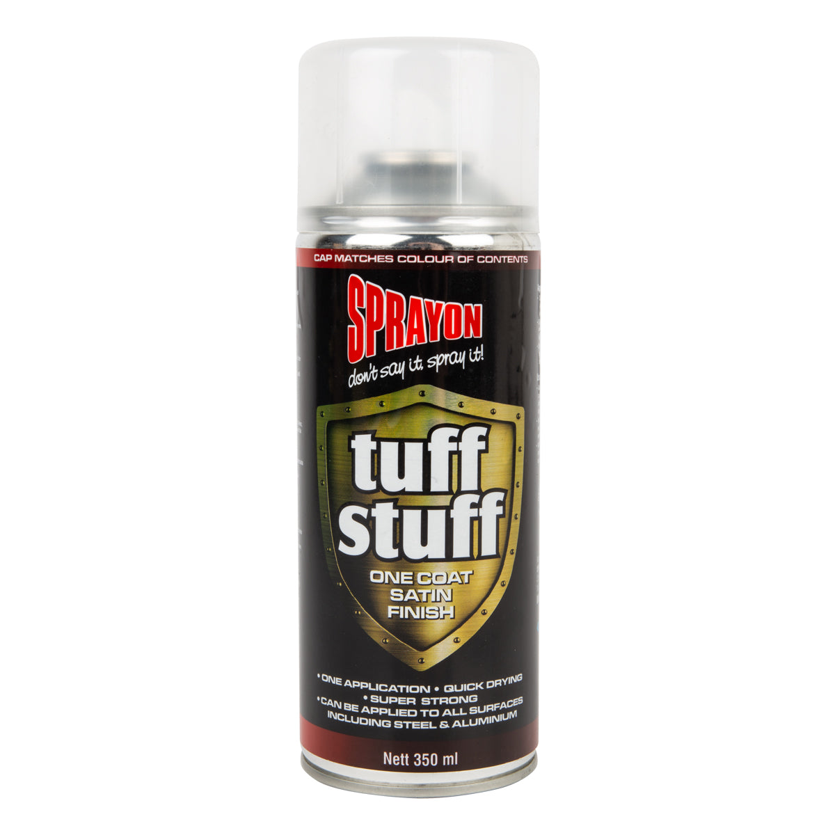 Spray can of tuff stuff spray paint on a white background