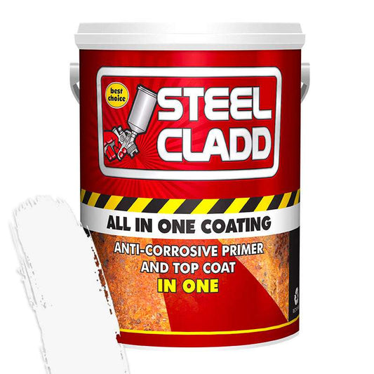 Steel Cladd coating container with red label and white lid on a white background