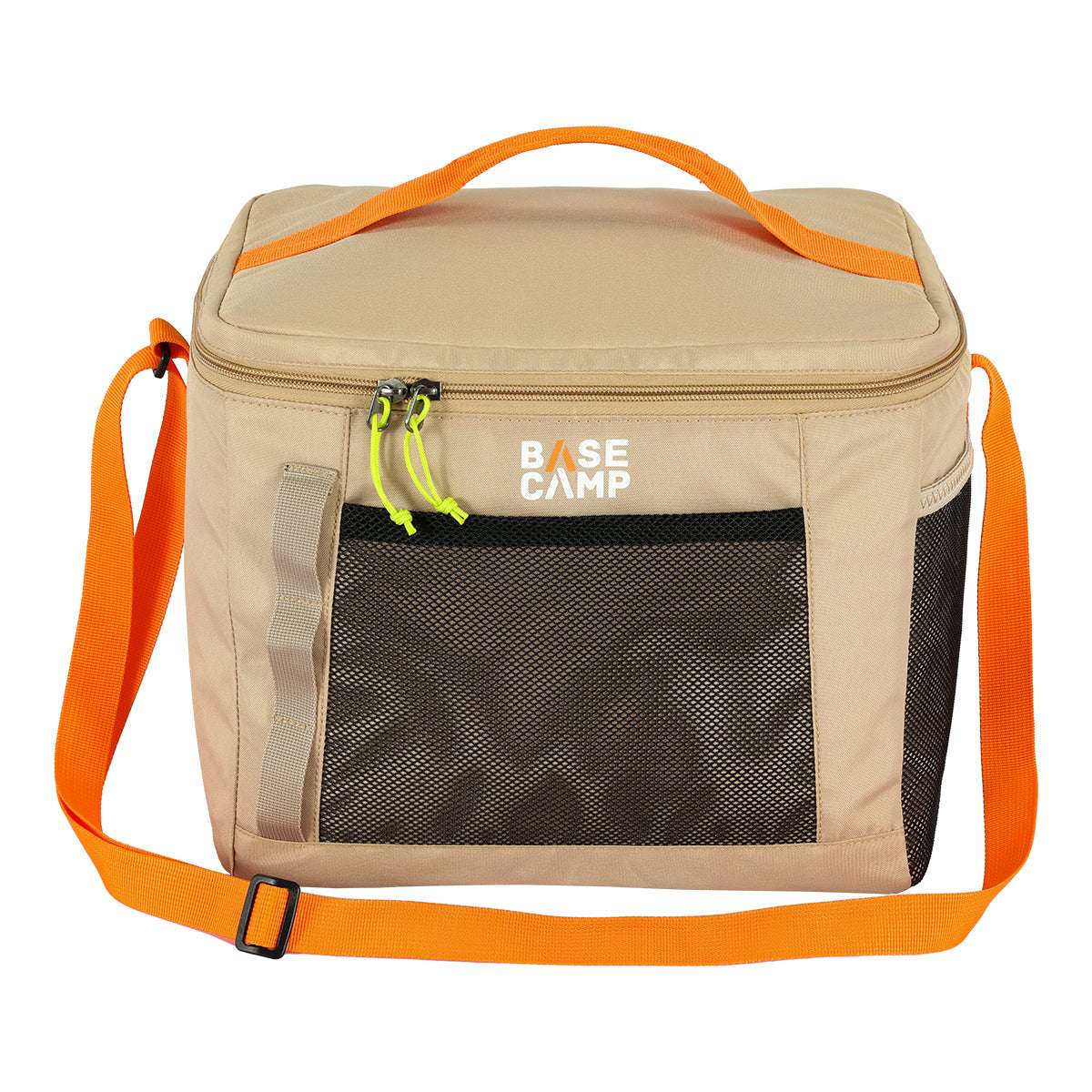 Beige cooler bag with orange straps and 'Base Camp' branding on a white background