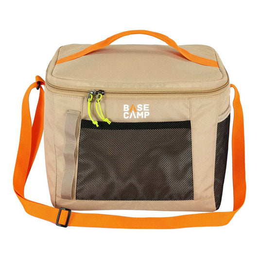 Beige cooler bag with orange straps and 'Base Camp' branding on a white background