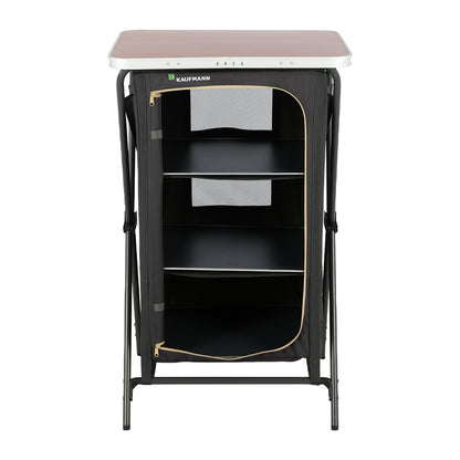 Black folding table with shelves and a pink top on a white background