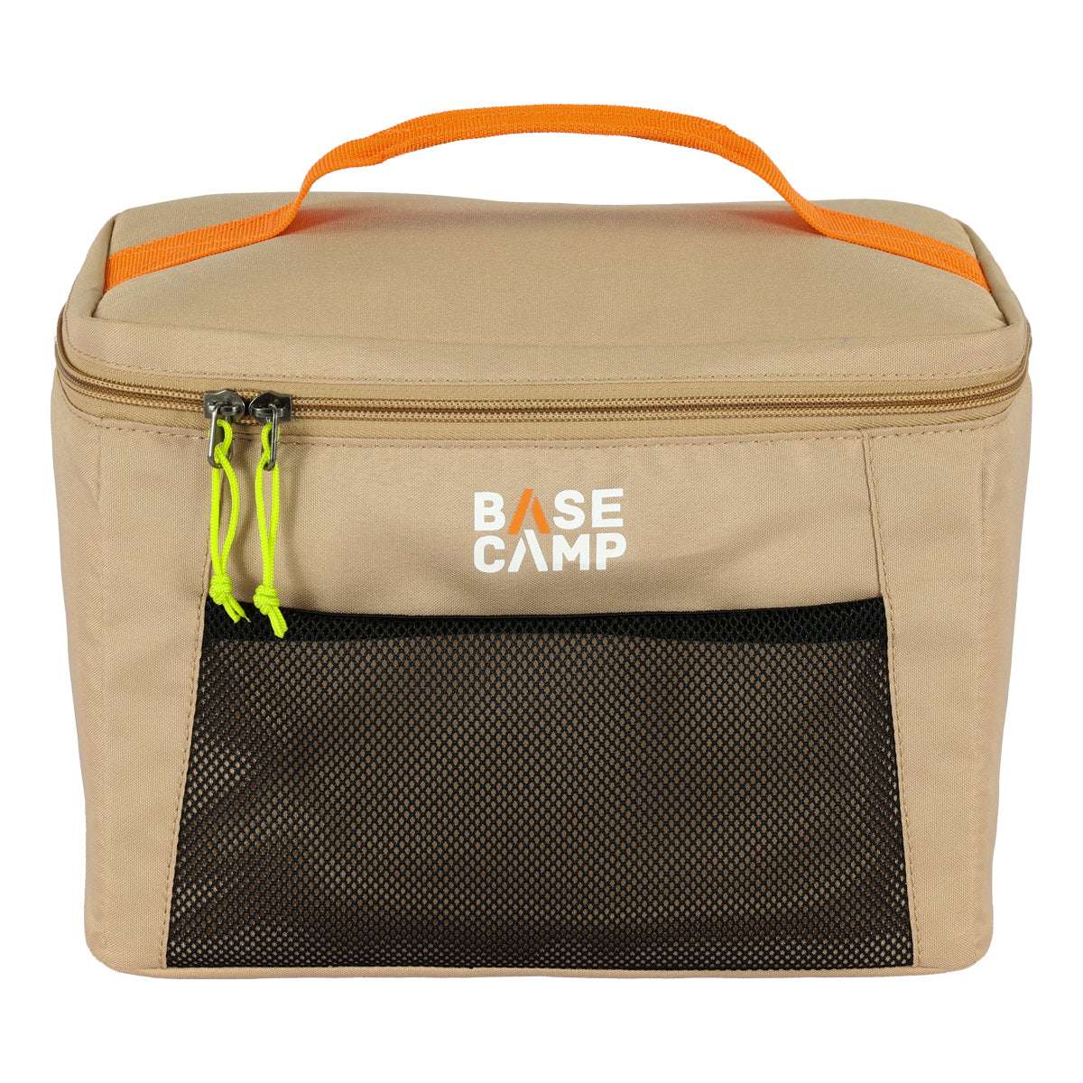 Beige cooler bag with orange handle and black mesh pocket on a white background, featuring 'BASE CAMP' logo.