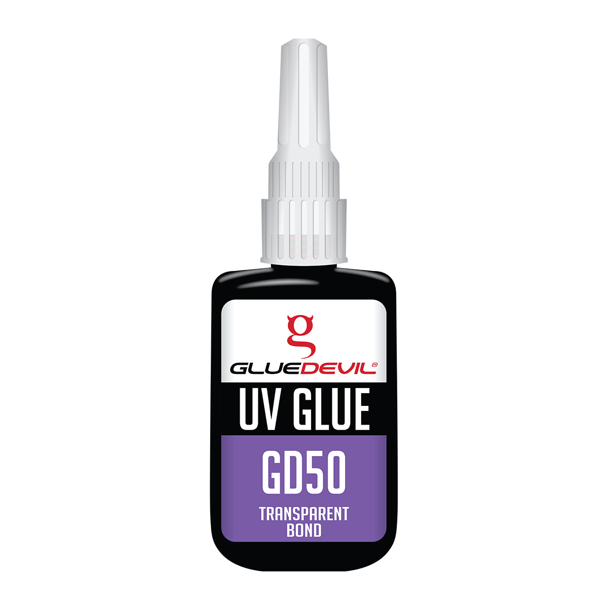 Glue Devil UV glue bottle on a white background