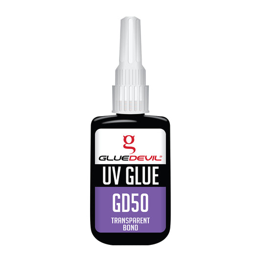 Glue Devil UV glue bottle on a white background