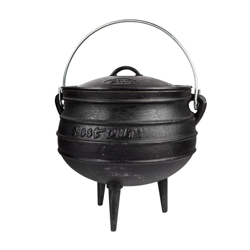 A black cast iron pot with a lid, branded with 'BESTDUTY', supported by three legs.