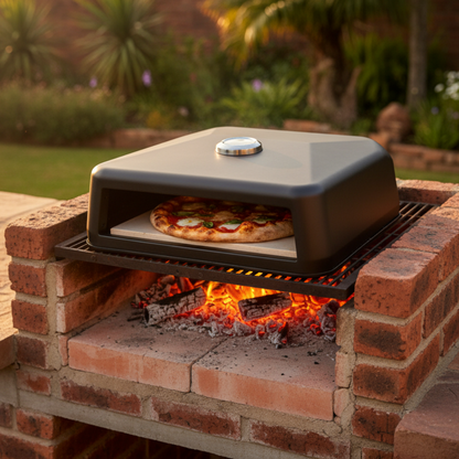 Portable pizza oven with a pizza cooking on a brick braai in a garden setting.