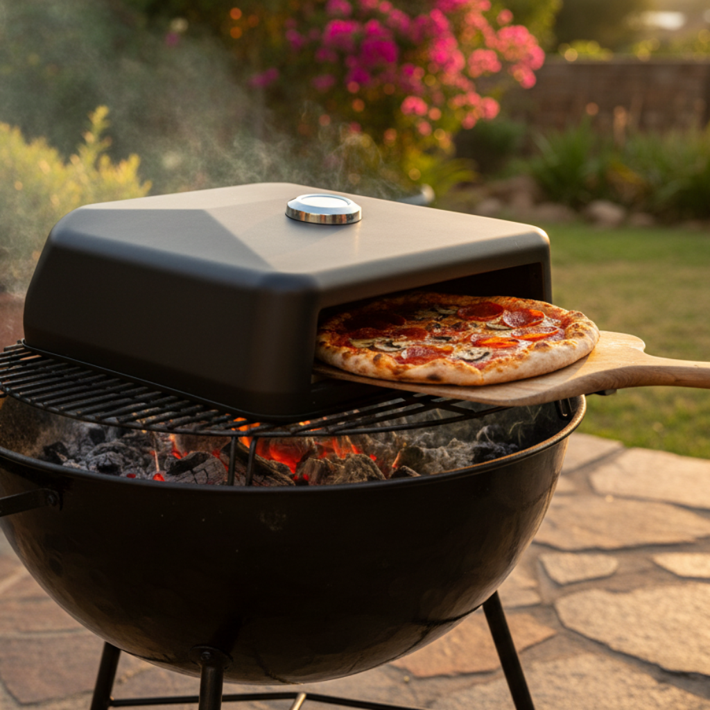 Person placing a pizza on a portable pizza braai in a garden setting