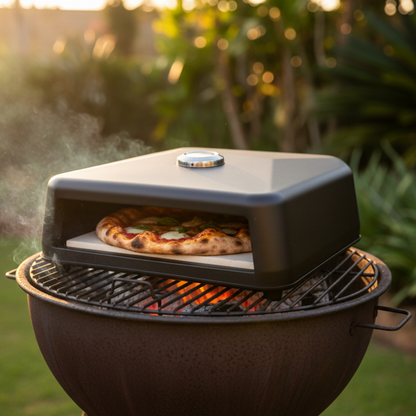 Portable pizza oven with a pizza inside, set against a natural outdoor background.