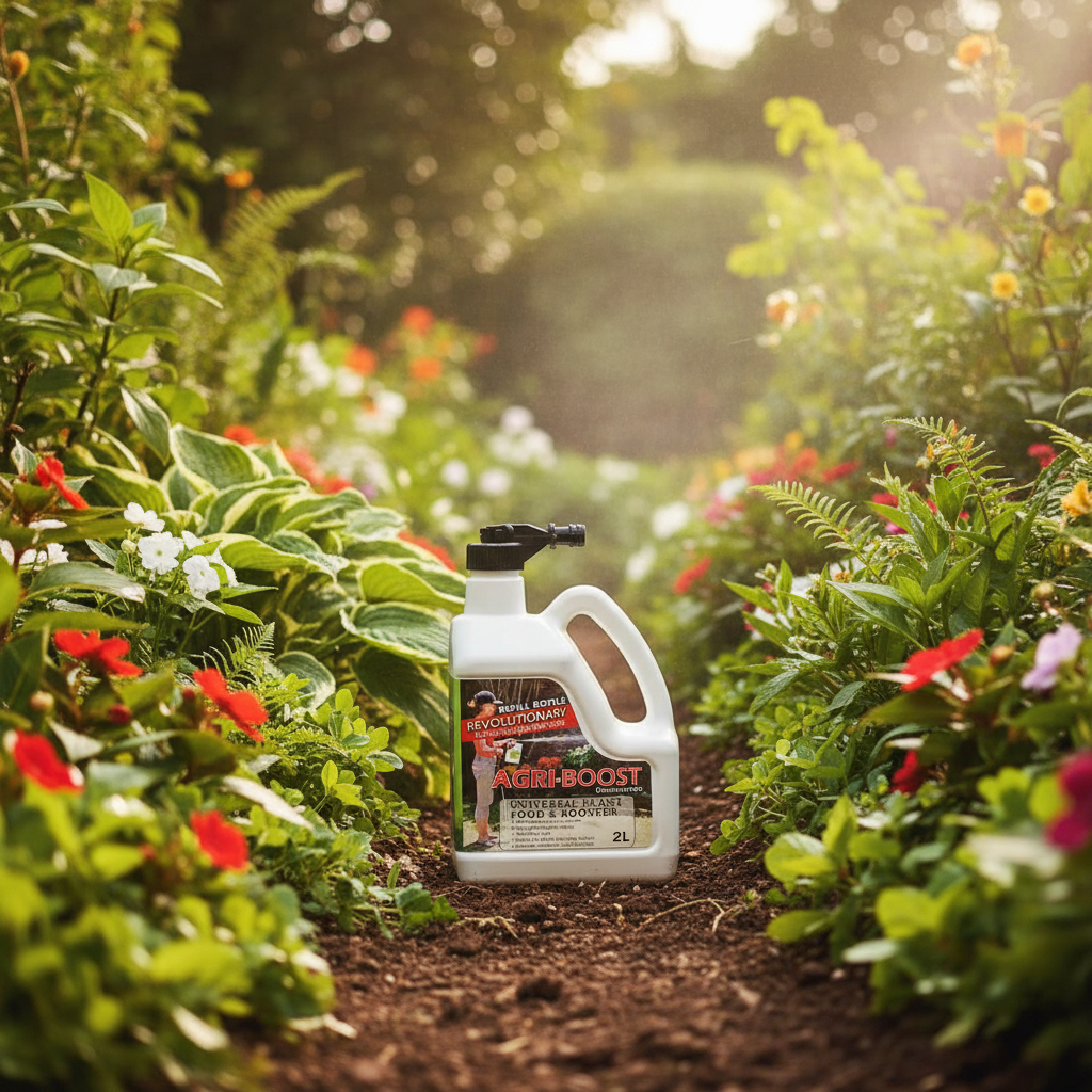 Fertilizer bottle labeled 'Agri-Boost' in a garden setting with flowers and plants.