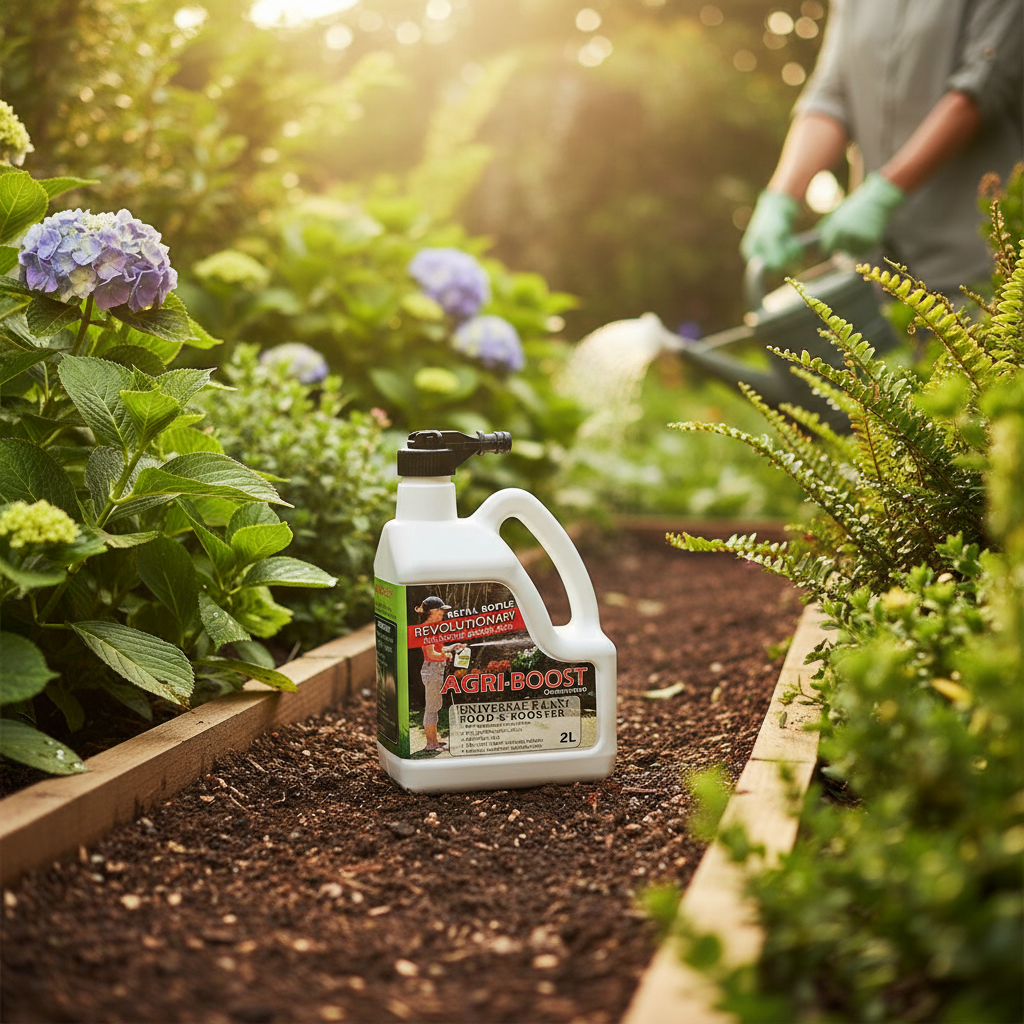Garden scene with a bottle of plant food on a garden bed, surrounded by plants and flowers.
