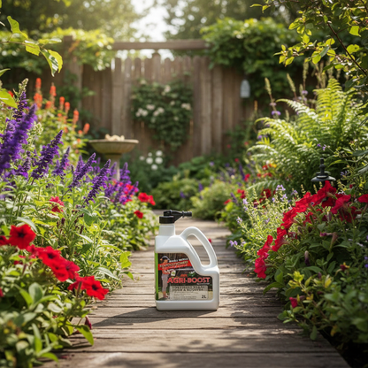 Garden with flowers and a bottle of fertilizer on a wooden path