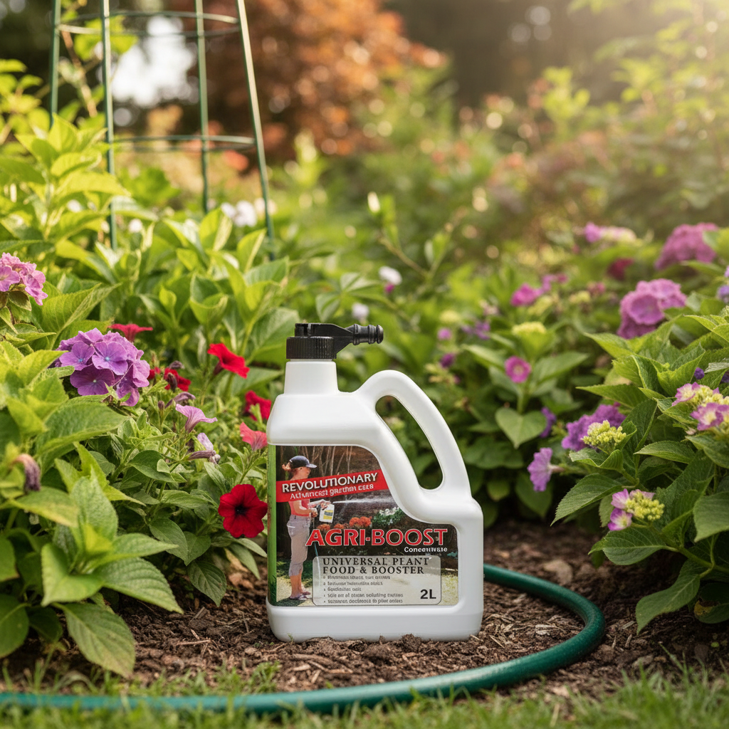 Agri-Boost fertilizer bottle in a garden with flowers and plants.