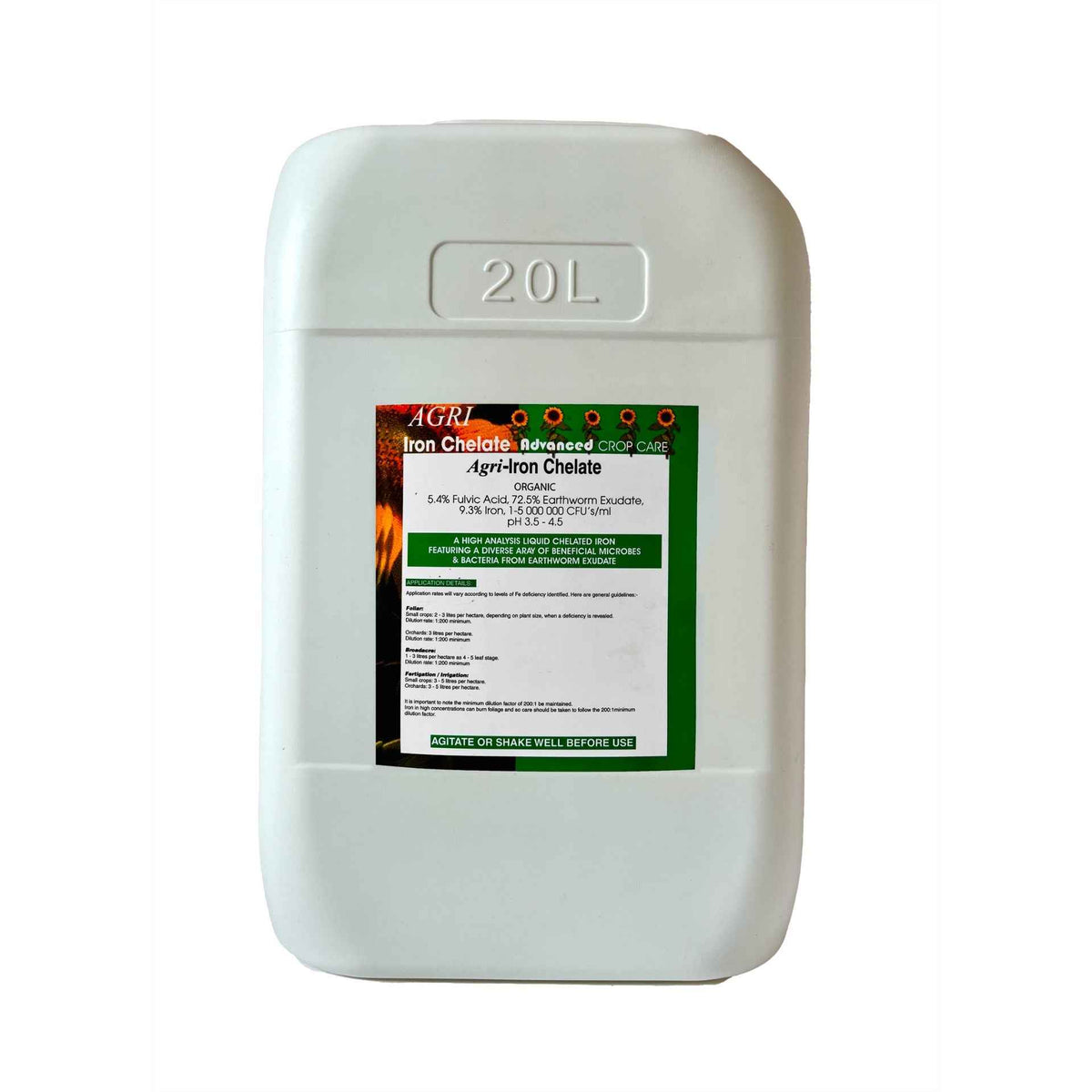 Agri-Iron Chelate Liquid Organic Fertiliser 20L uses fulvic-acid chelation to make iron more available.