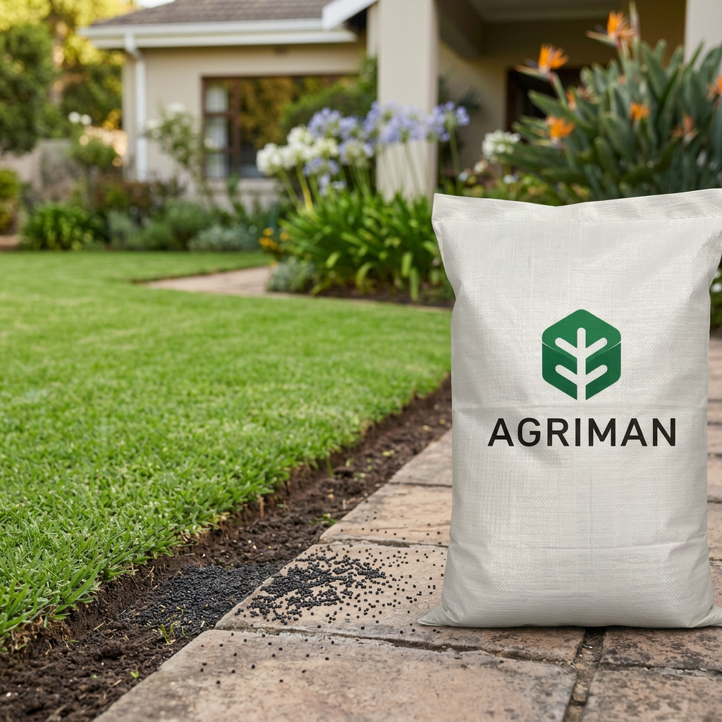 A white bag of Agriman organic granular fertiliser product standing on a stone patio next to a freshly landscaped garden bed with green grass and plants in a backyard setting.