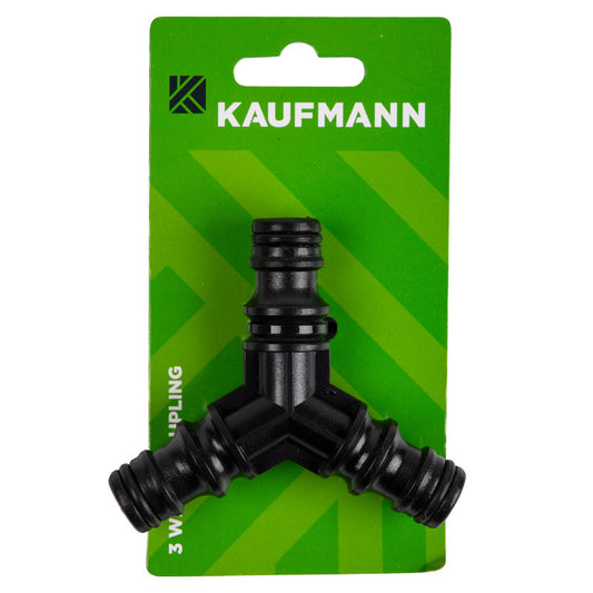 A Kaufmann triple hose connector on a green blister pack card, designed to join three garden hoses.