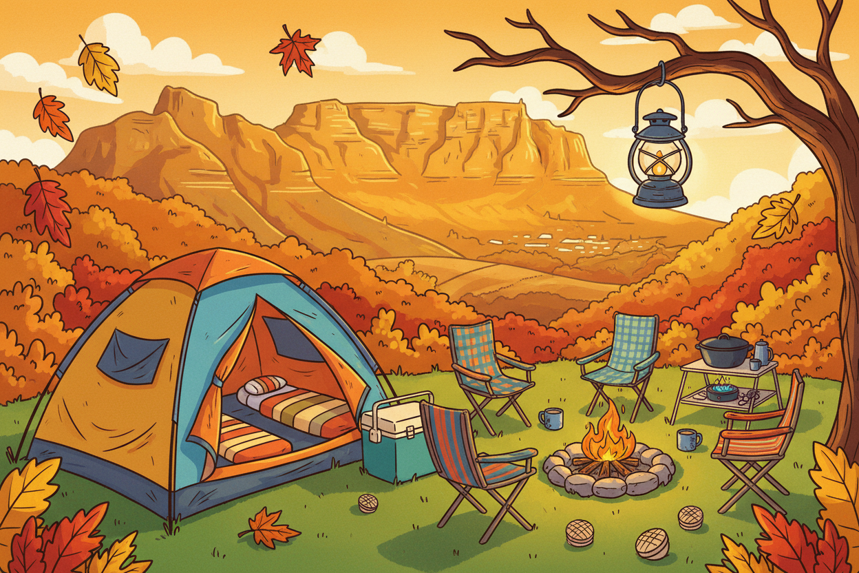 Camping scene with a tent, chairs, and a campfire in an autumn landscape.