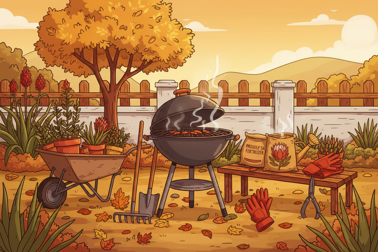 Autumn garden scene with a grill, wheelbarrow, and tools.