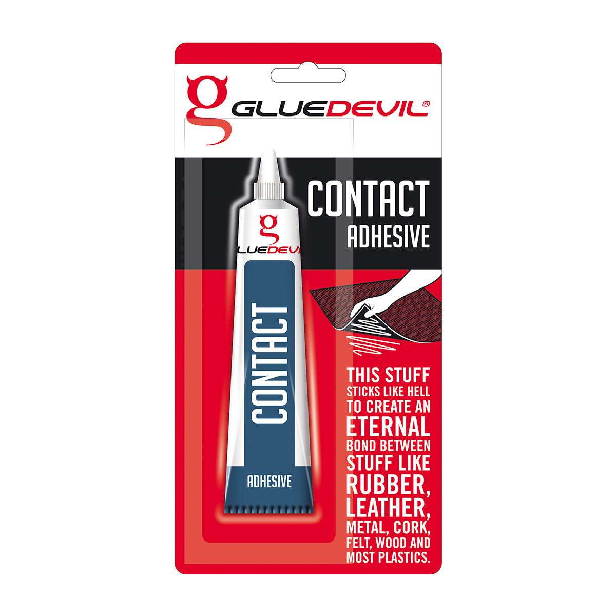 Glue Devil contact adhesive packaging on a white background