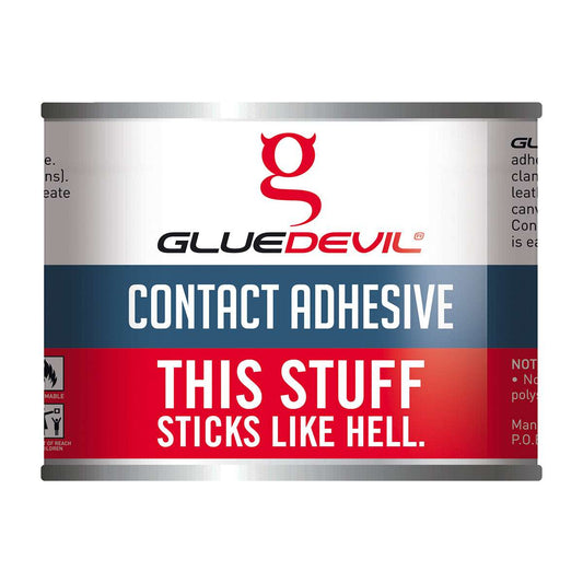Can of Glue Devil contact adhesive with red and white label on a white background