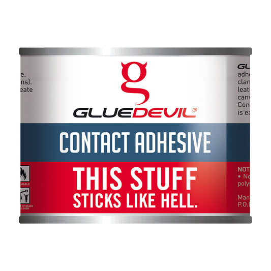 Can of Glue Devil contact adhesive with red and white label on a white background