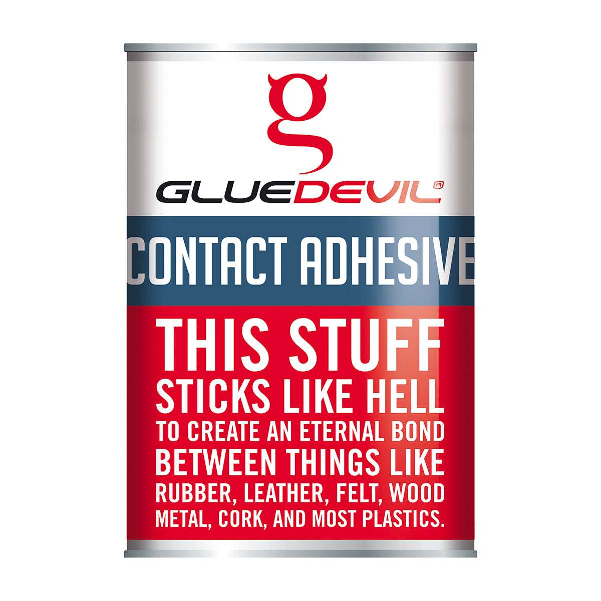 Can of Glue Devil contact adhesive with humorous text on a white background