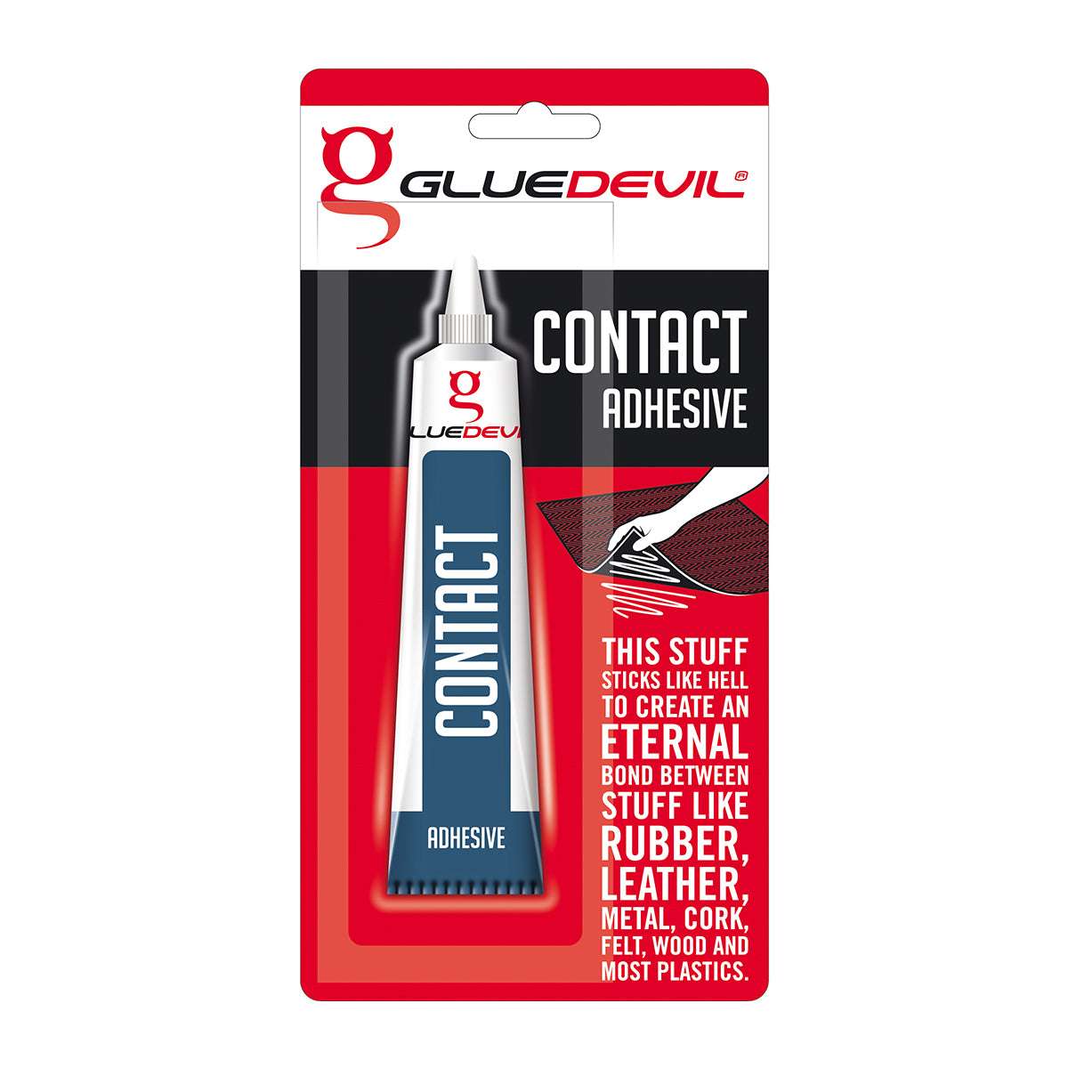 Glue Devil contact adhesive packaging on a white background