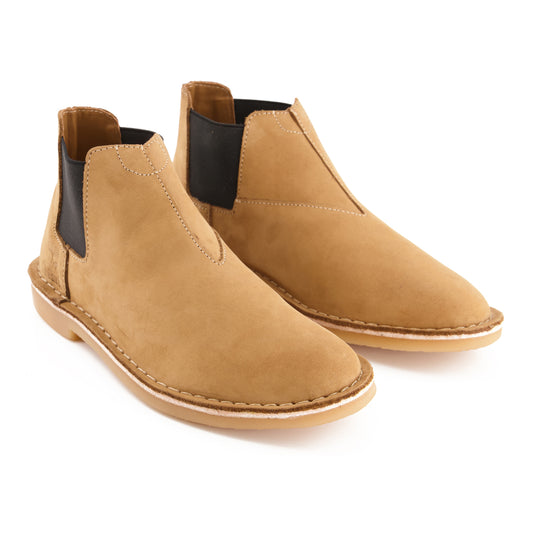 A pair of khaki brown BATA Safari Canopy boots with a black accent on the heel and a round lace finish.
