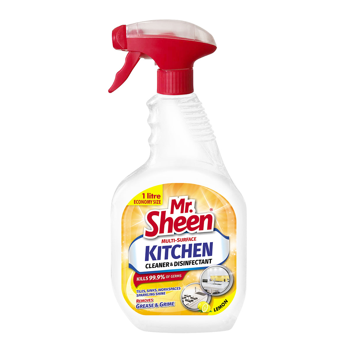 A bottle of Mr Sheen Multi-Surface Cleaner & Disinfectant Kitchen 1L with a red spray nozzle.