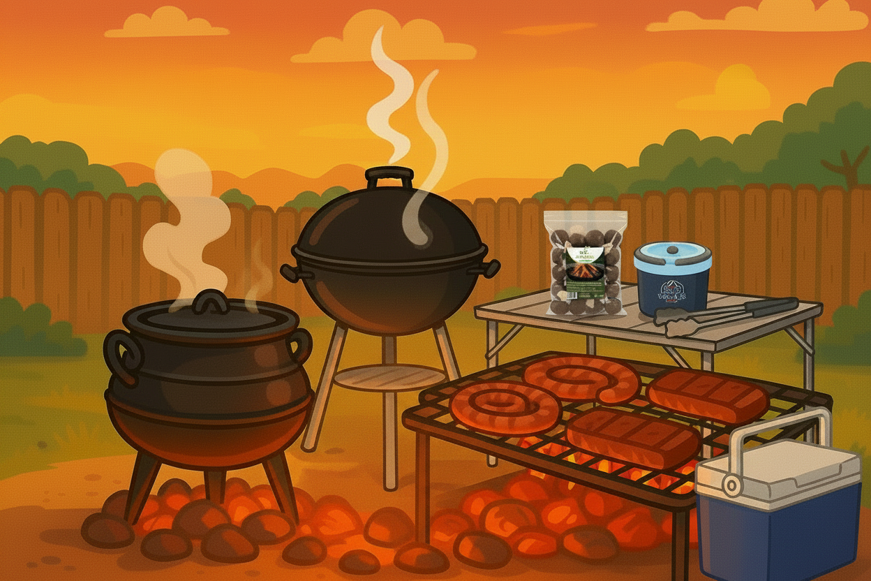Illustration of a backyard barbecue scene with grilling equipment and food.