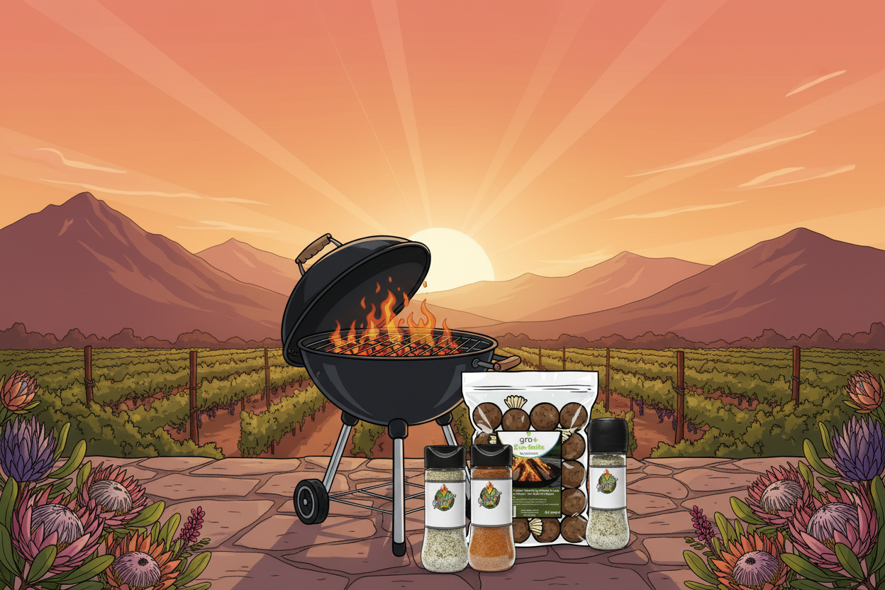 A stylized illustration of a black kettle-style grill with flames rising, set outdoors on a stone patio with Gropples spice jars and a bag of gro+ Eco-Balls Firelighters in front. The background shows a sunset over a mountain range and vineyard rows.